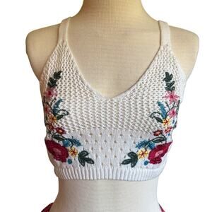 Forever 21 White Floral Crochet Boho Festival 70s Crop Knit Top Tank Small Hip